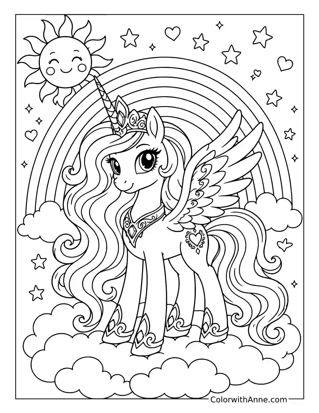 Alicorn Princess Under a Rainbow coloring page