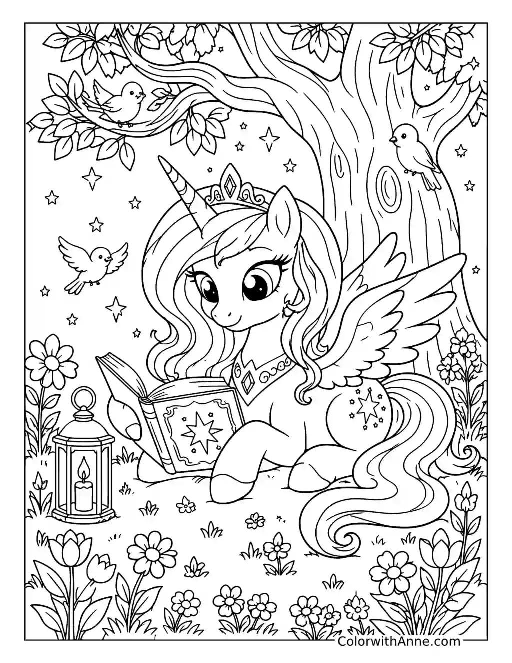 Alicorn Reading Beneath an Enchanted Tree coloring page