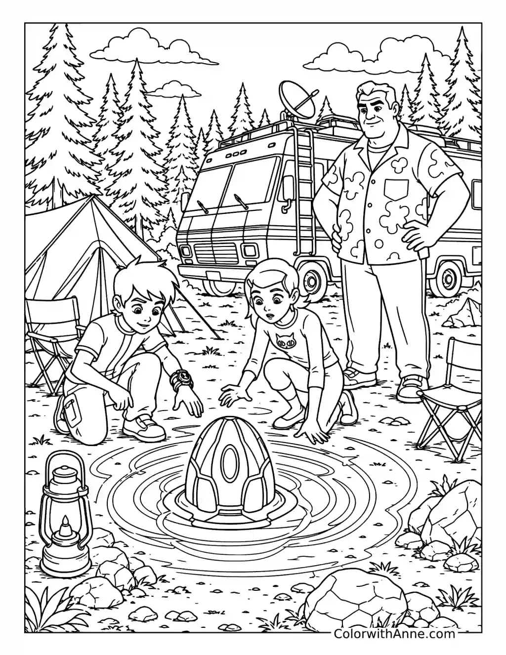Alien Pod at the Forest Campsite coloring page