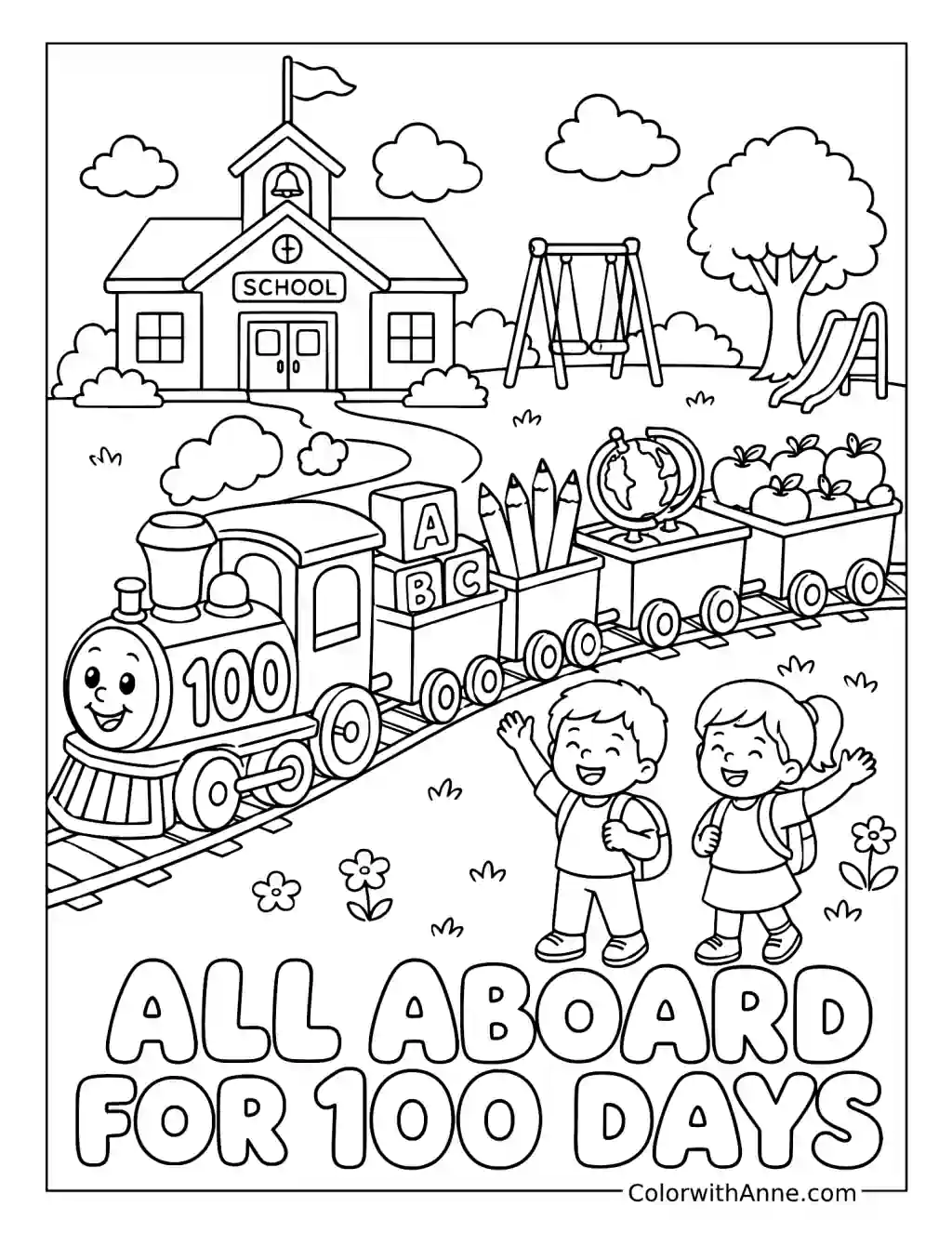 All Aboard for 100 Days Learning Train coloring page