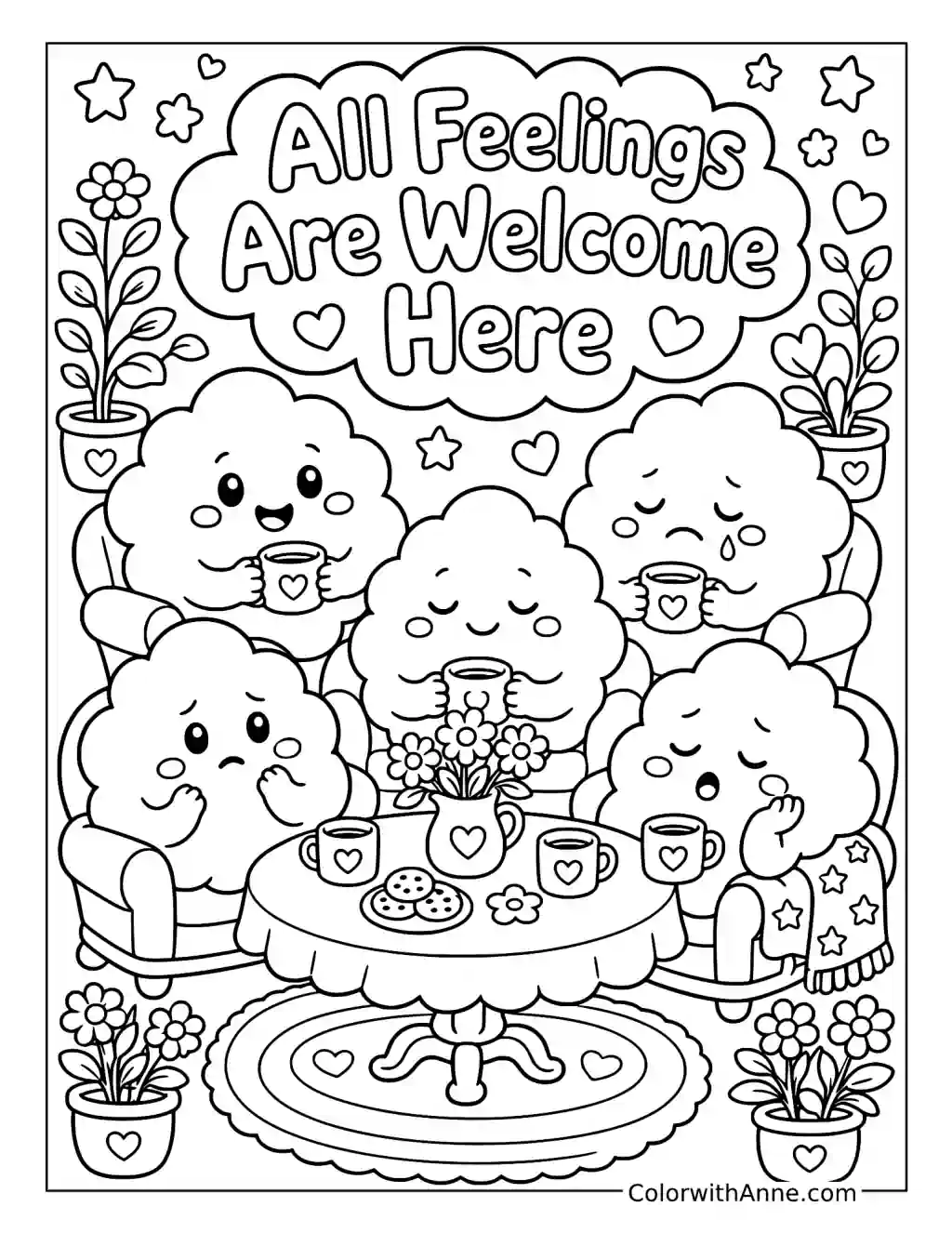 All Feelings Are Welcome Here with Emotional Clouds coloring page