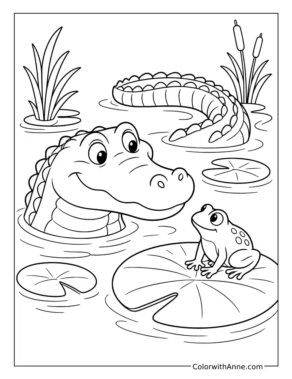 Alligator and Frog on a Lily Pad coloring page