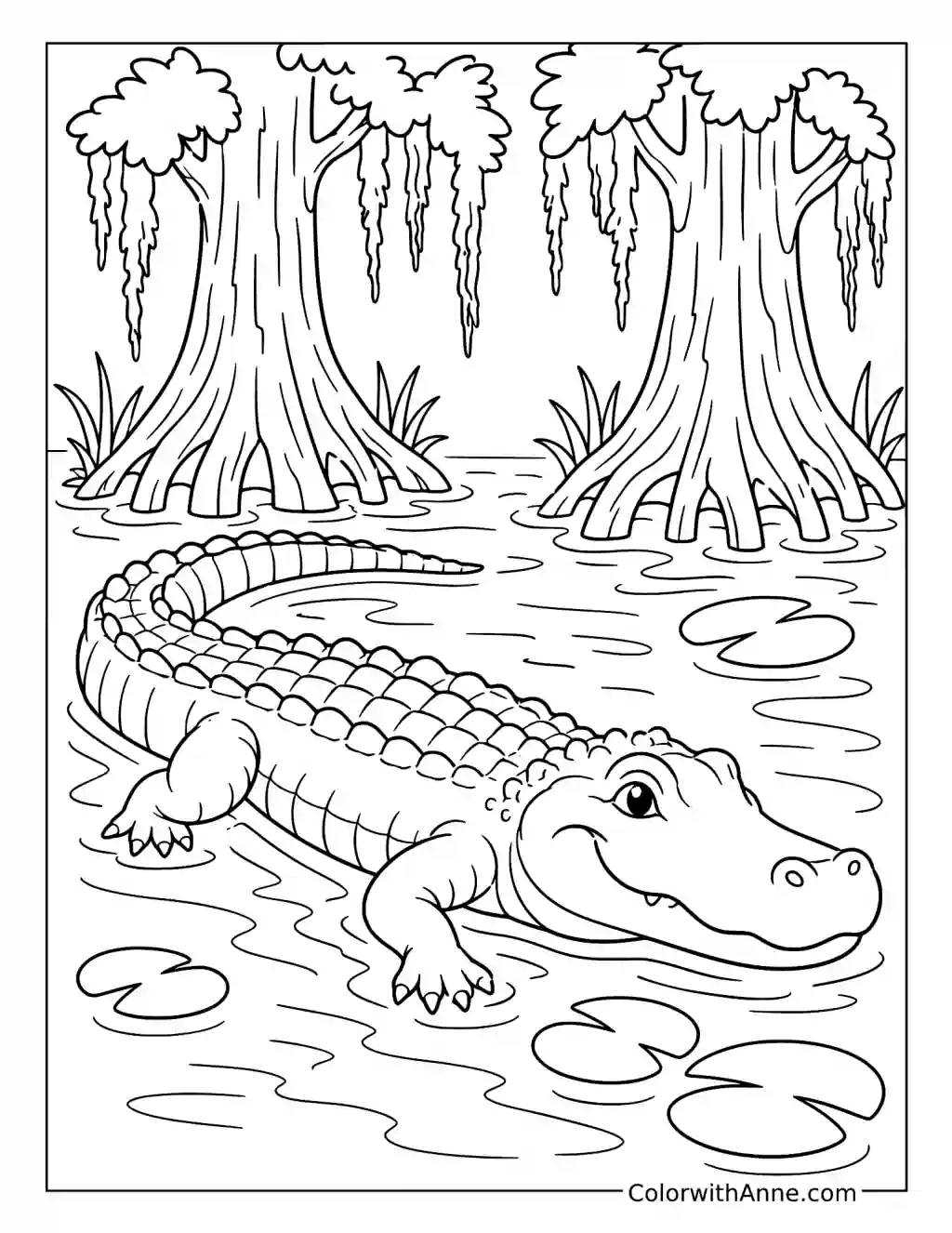 Alligator Beneath Cypress Trees coloring page