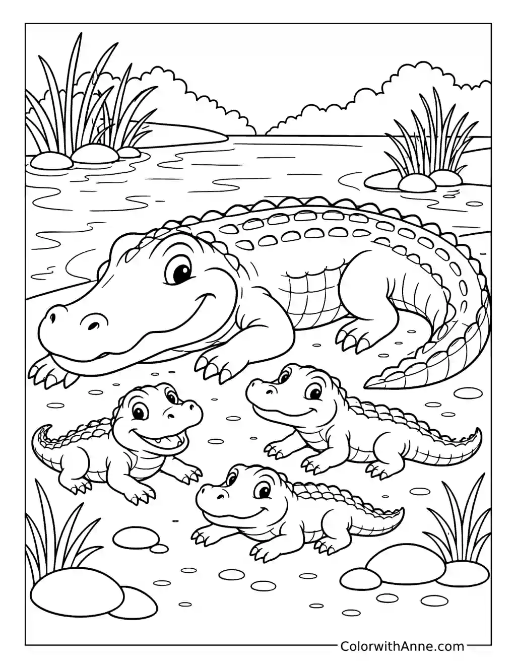 Alligator Family by the Riverbank coloring page