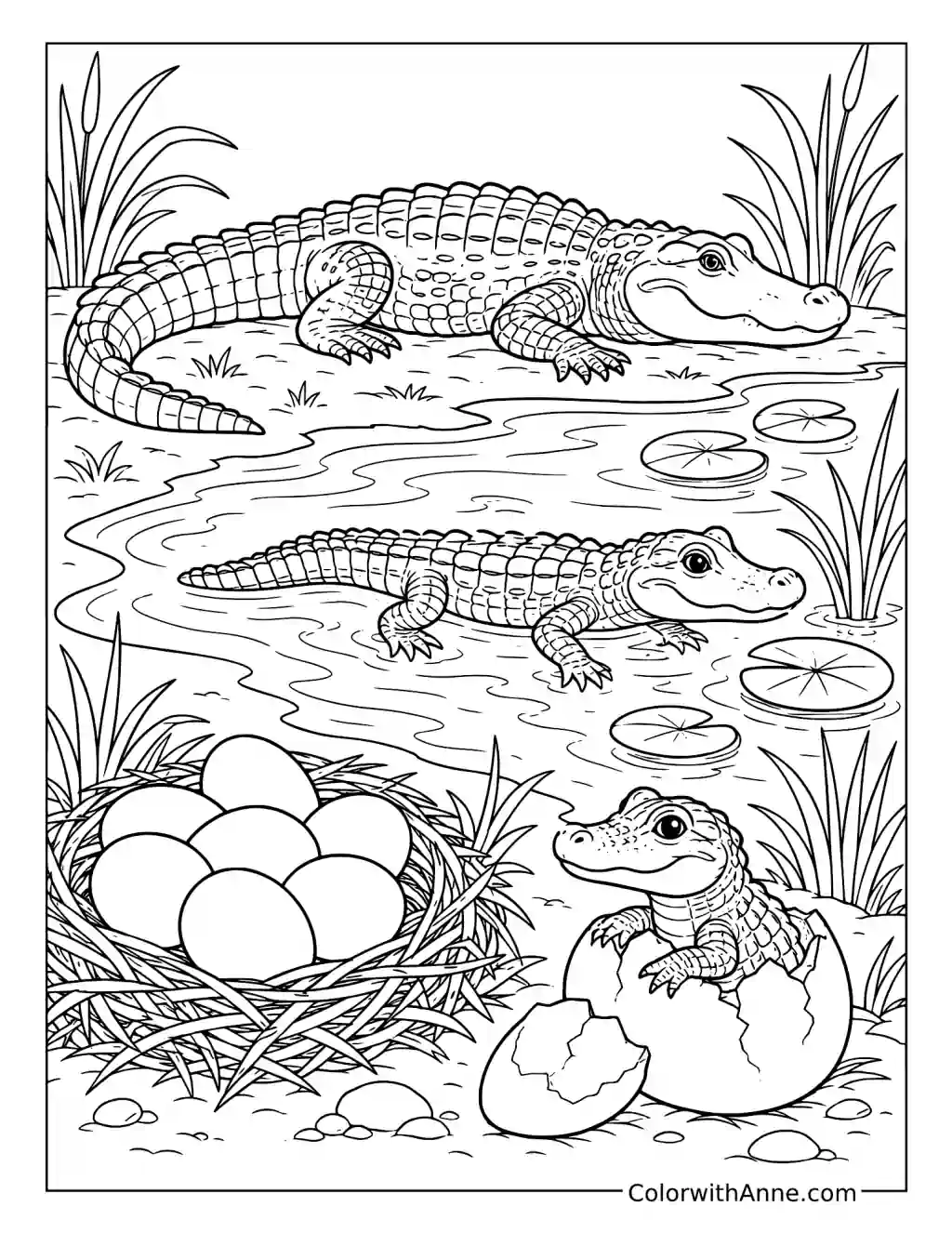 Alligator Life Cycle in a Wetland coloring page