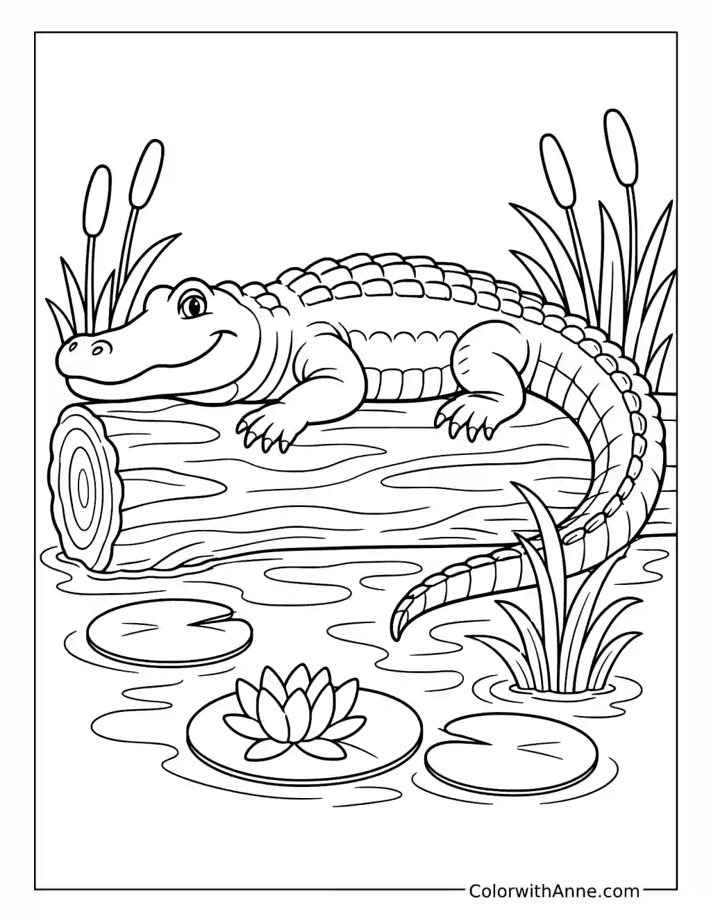 Alligator Resting on a Swamp Log coloring page