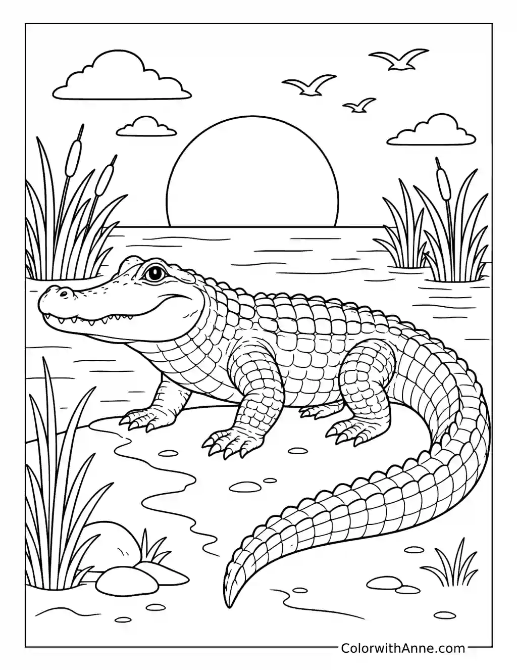 Alligator Sunset by the River coloring page
