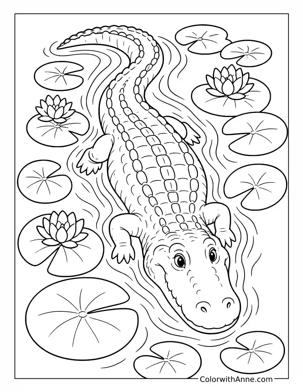 Alligator Swimming Through Lily Pads coloring page