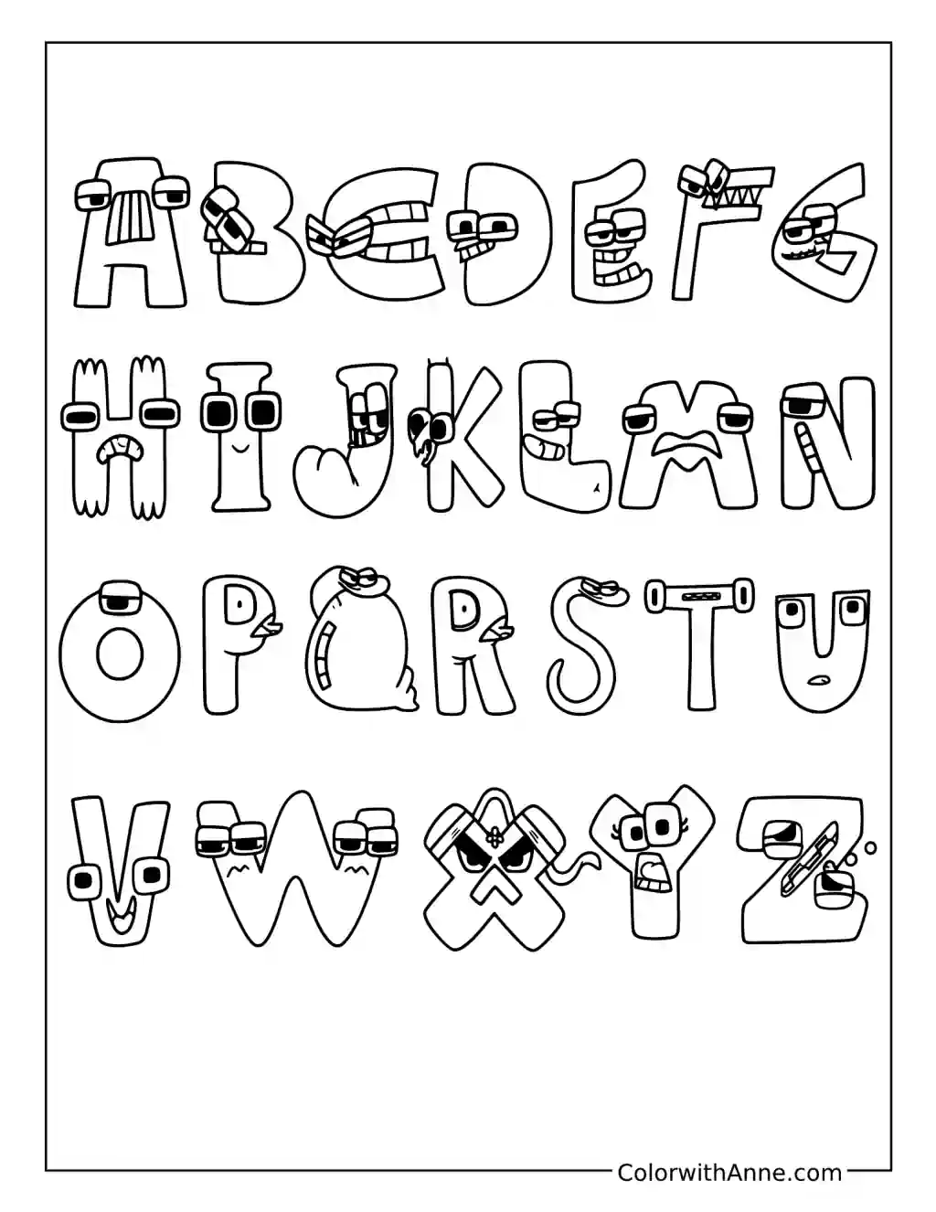 Alphabet Lore A to Z Characters coloring page