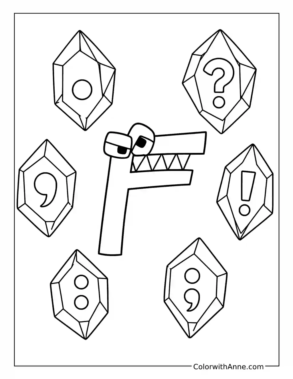 Alphabet Lore F with Six Punctuation Gems coloring page