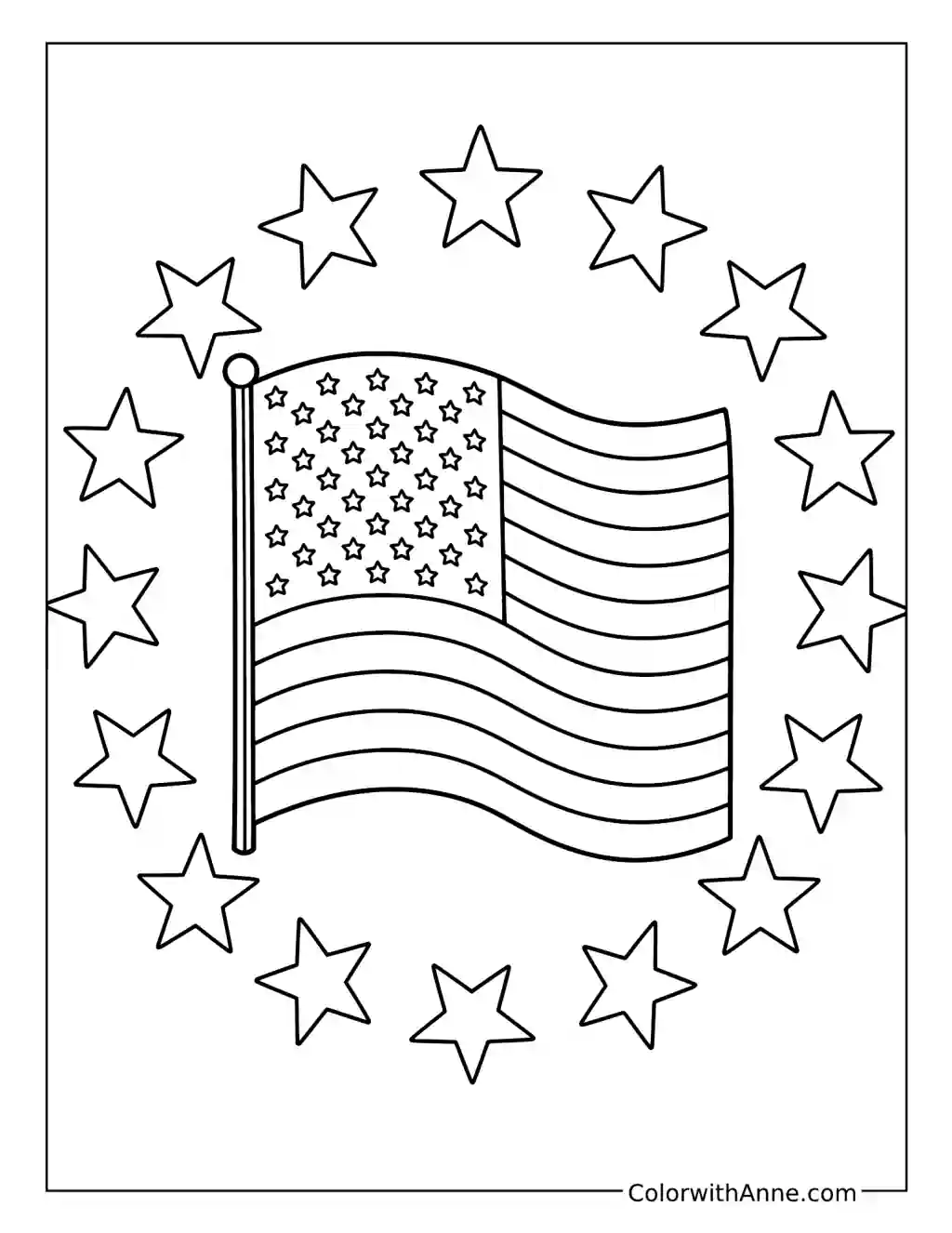 American Flag in a Ring of Stars coloring page
