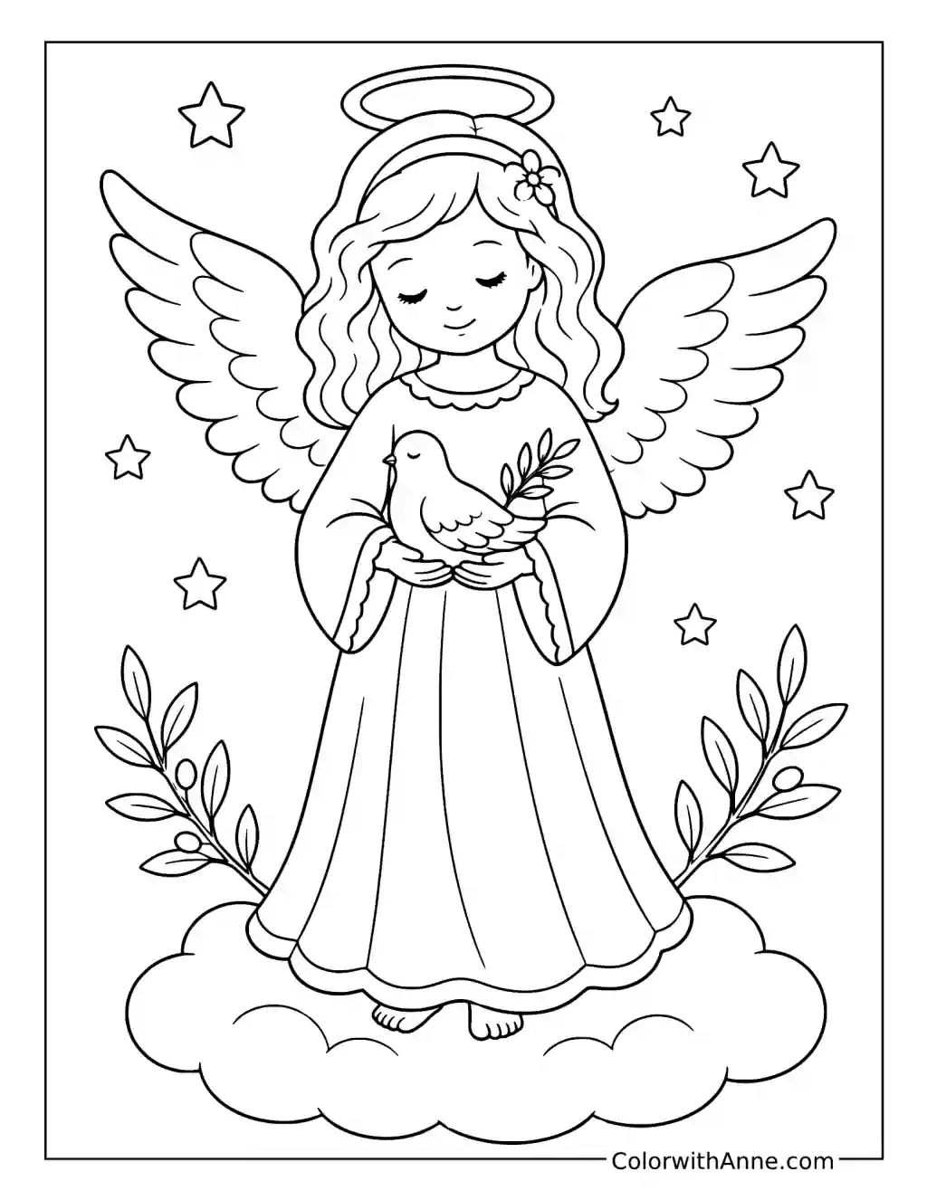Angel Girl Holding a Peaceful Dove coloring page