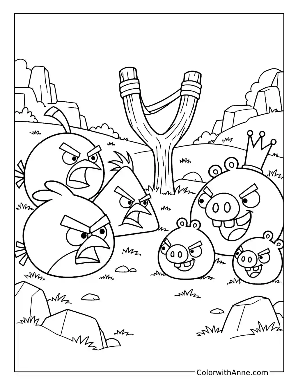 Angry Birds face King Pig and two smaller pigs across a grassy clearing with a slingshot.