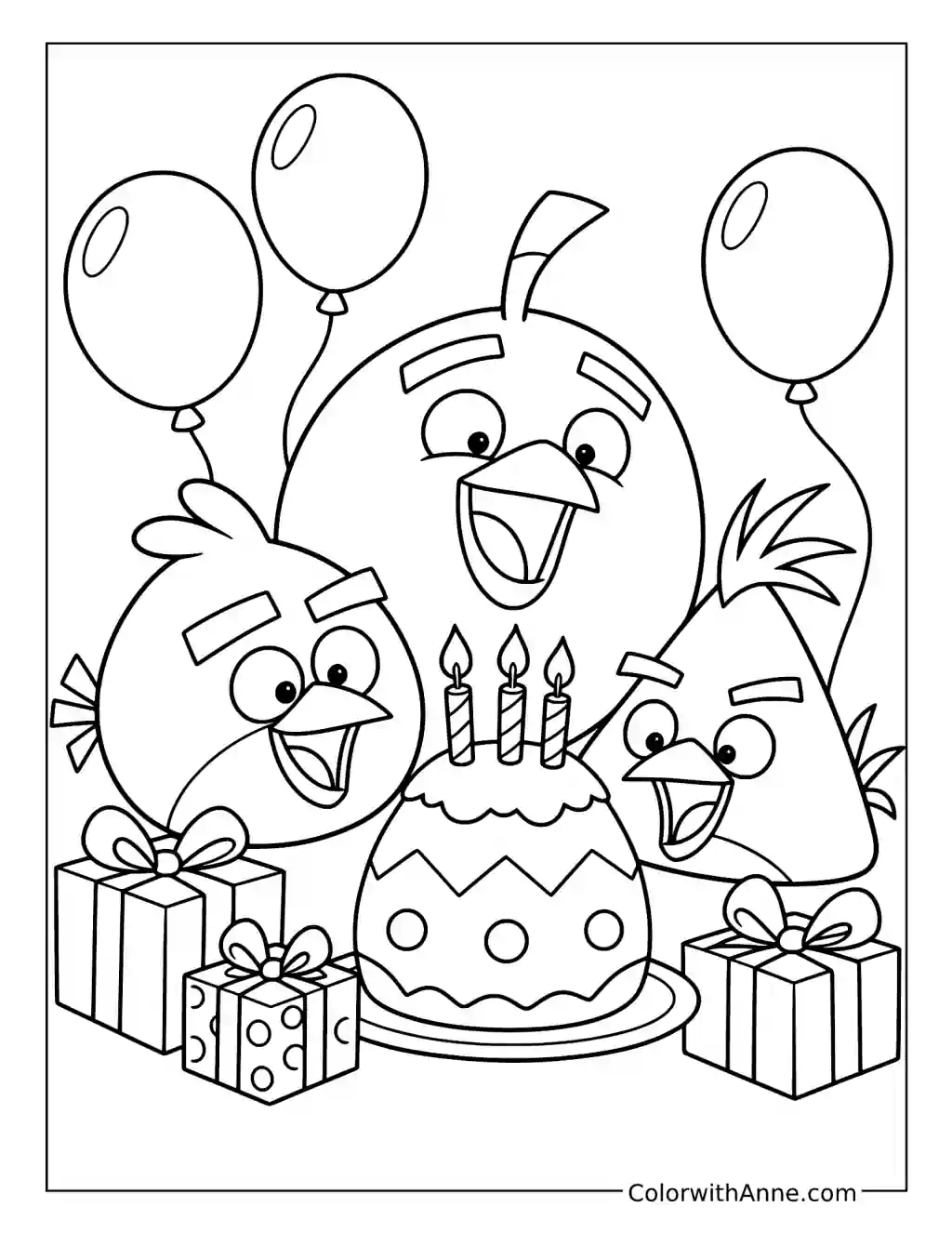 Three smiling Angry Birds celebrate around a candle topped cake with balloons and wrapped birthday presents.