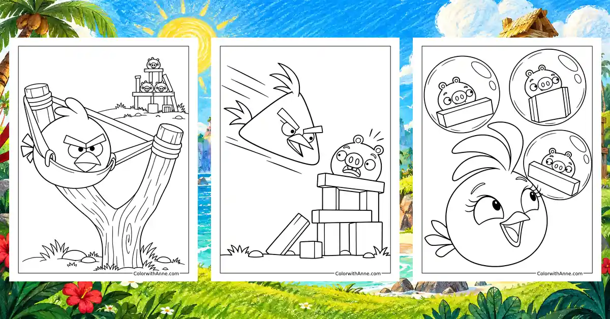 Red, Chuck, and Stella coloring sheets displayed over a bright island background with a wooden slingshot.