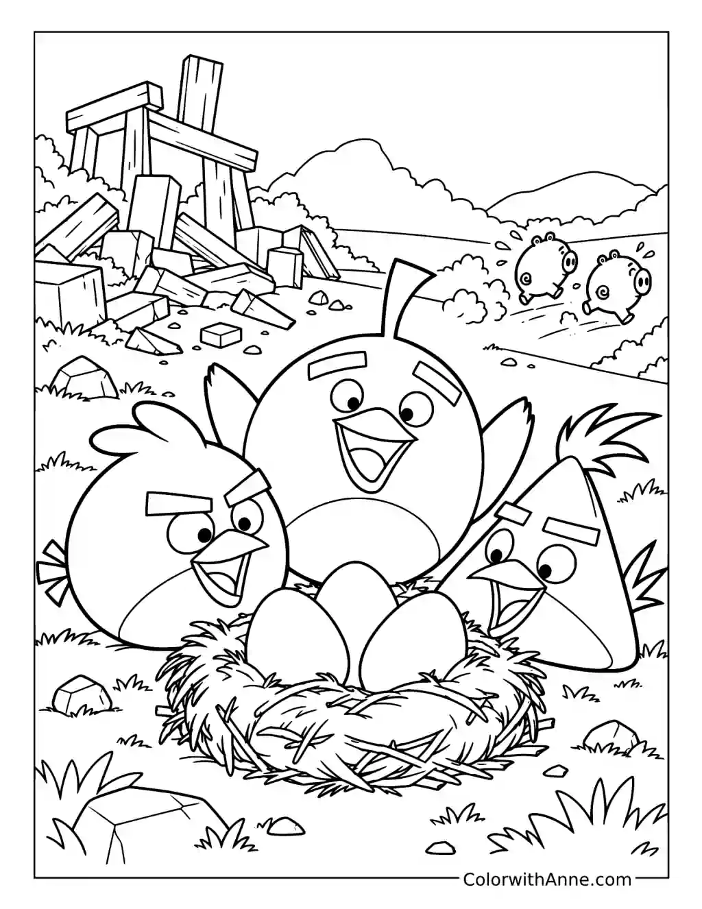 Red and two other birds gather around recovered eggs while pigs flee a collapsed wooden tower.