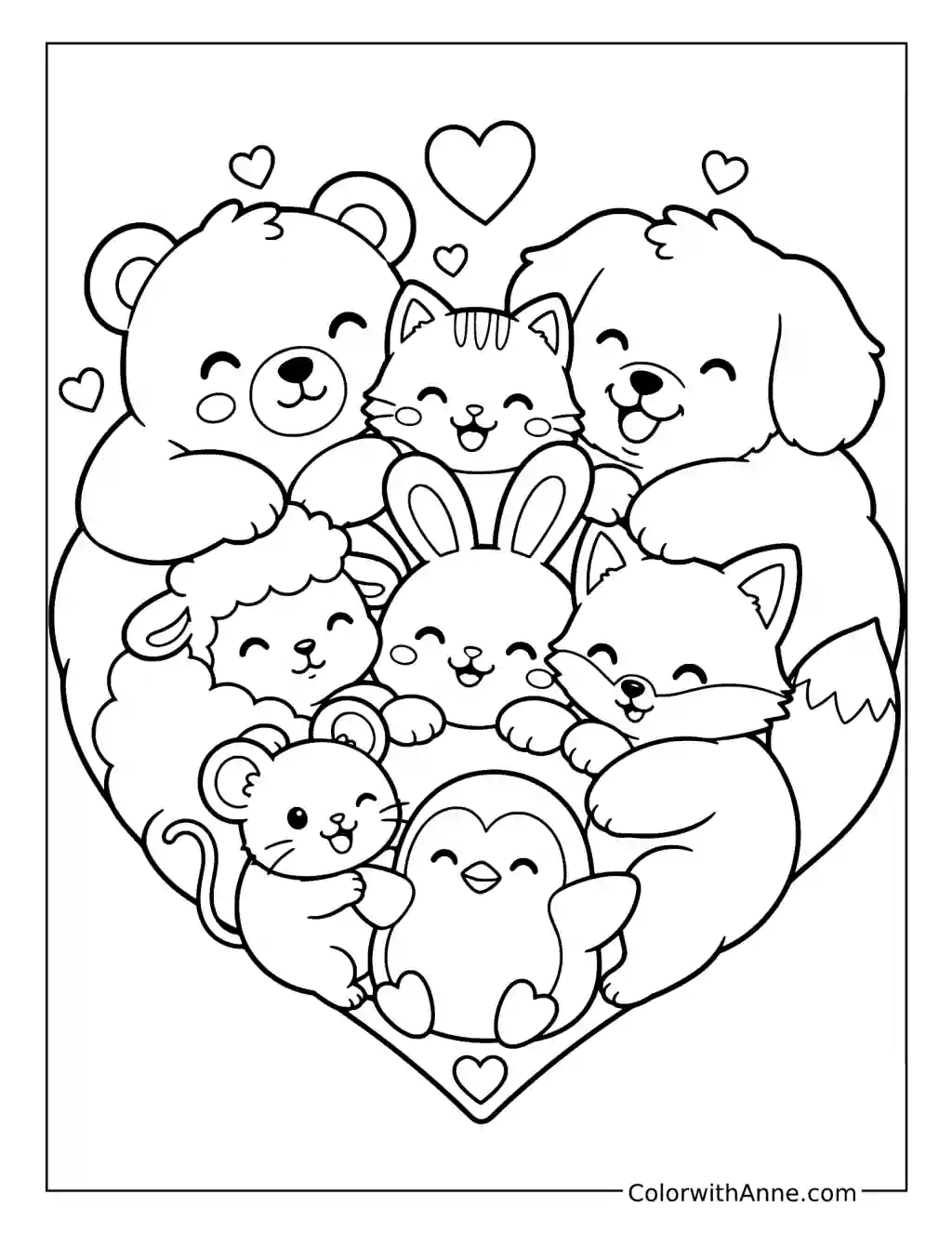 Animal Friends Cuddling inside a Heart coloring page