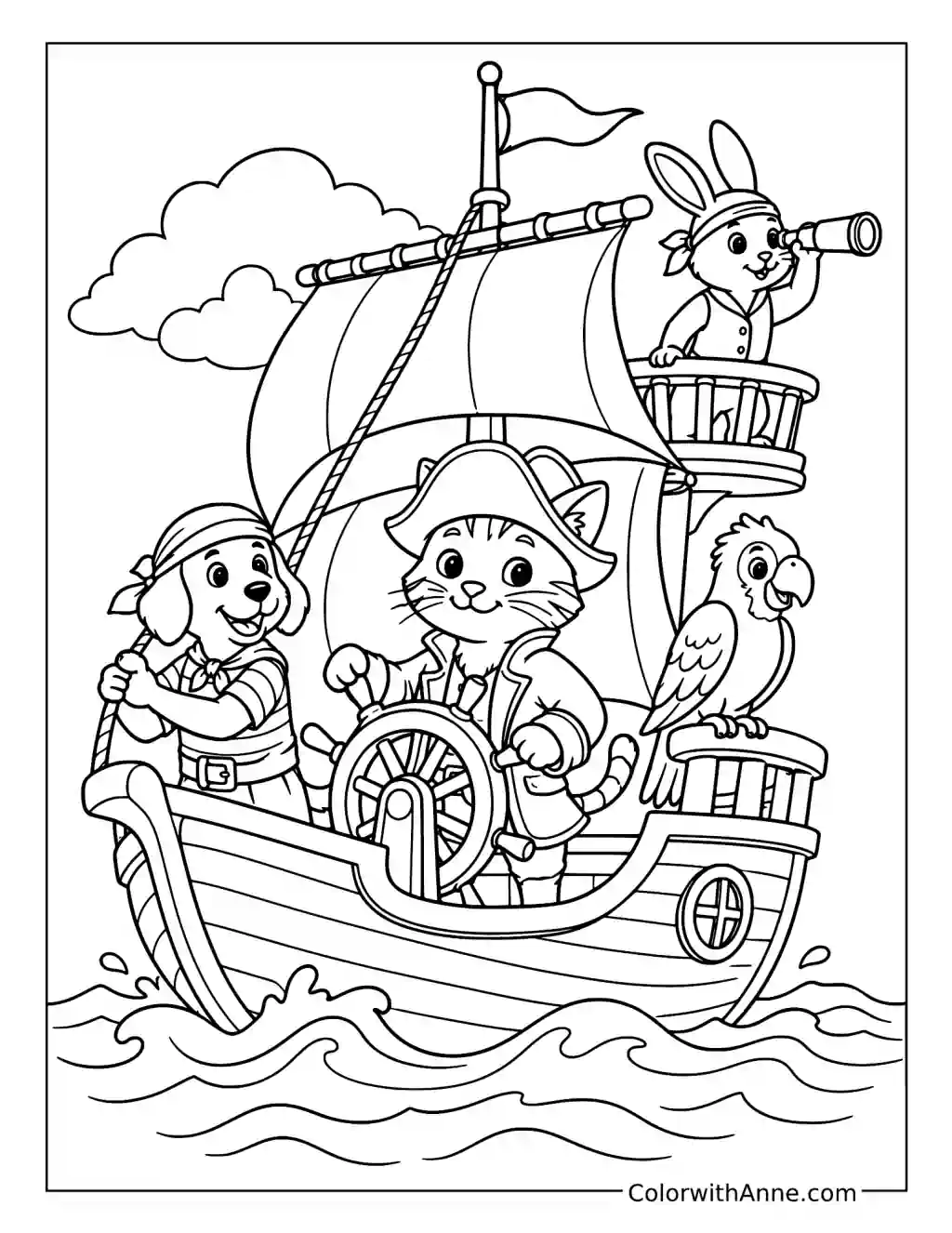 Animal Pirate Crew Sets Sail coloring page