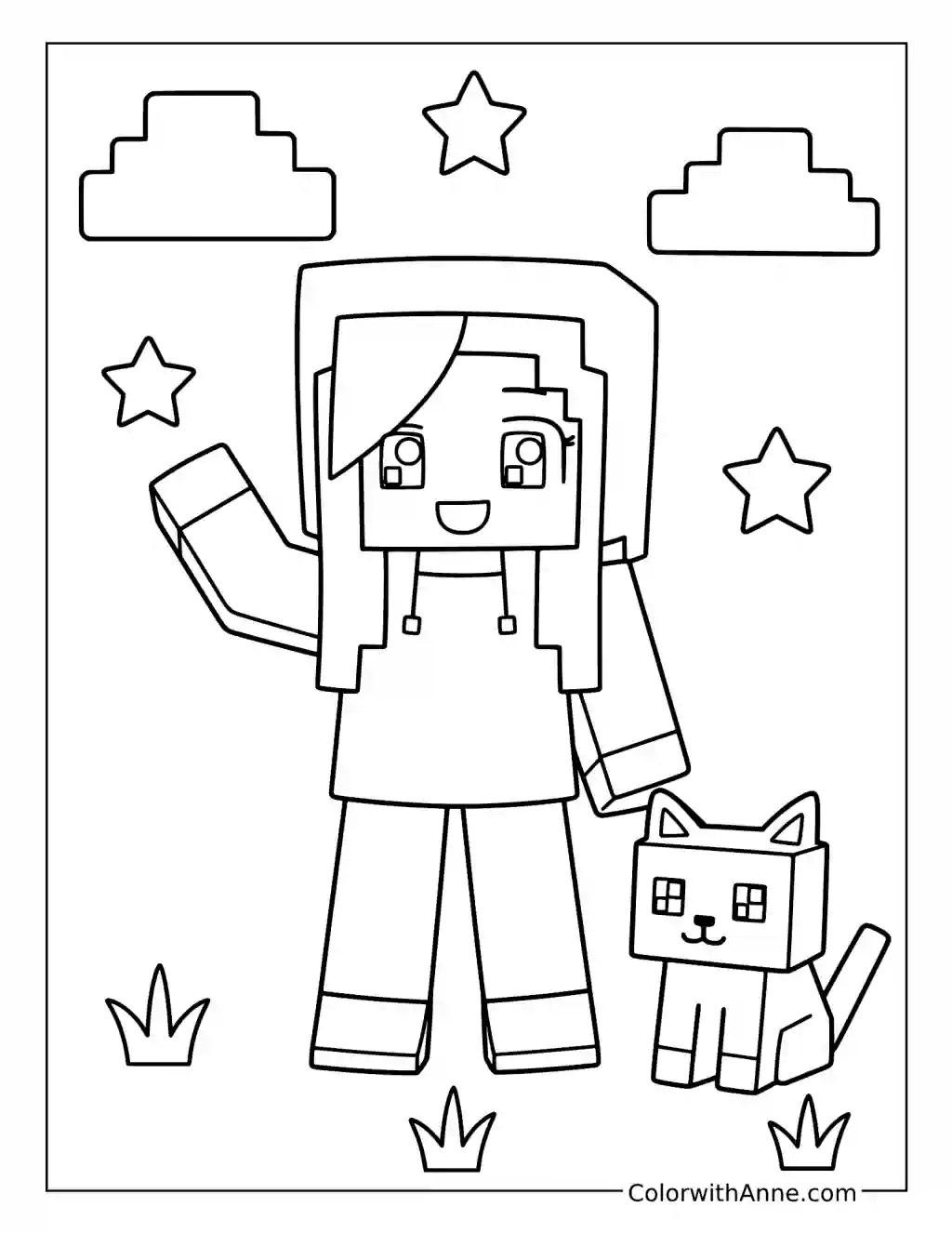 Aphmau Waving Beside a Minecraft Cat coloring page