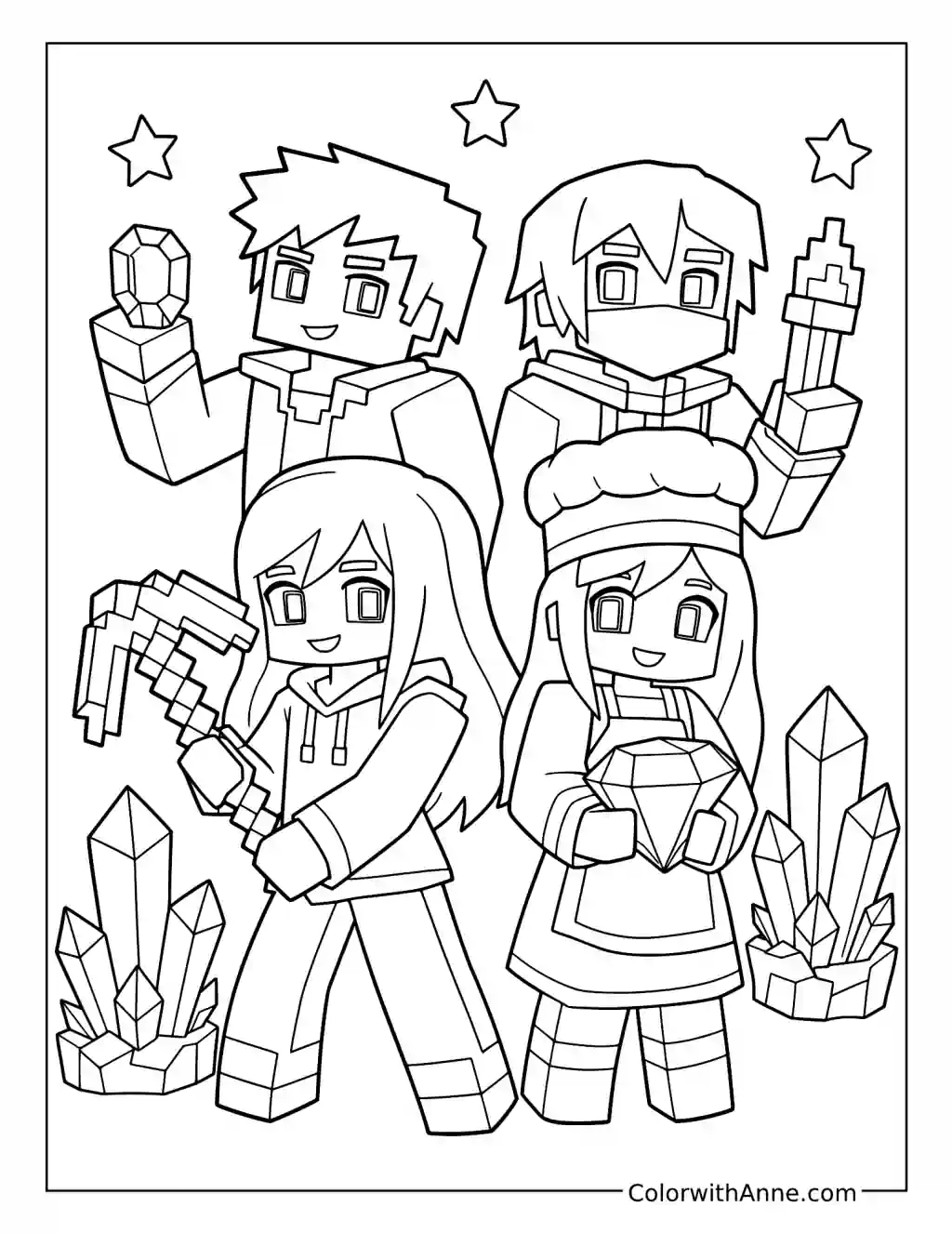 Aphmau Zane and Kawaii Chan Mining with a Friend coloring page