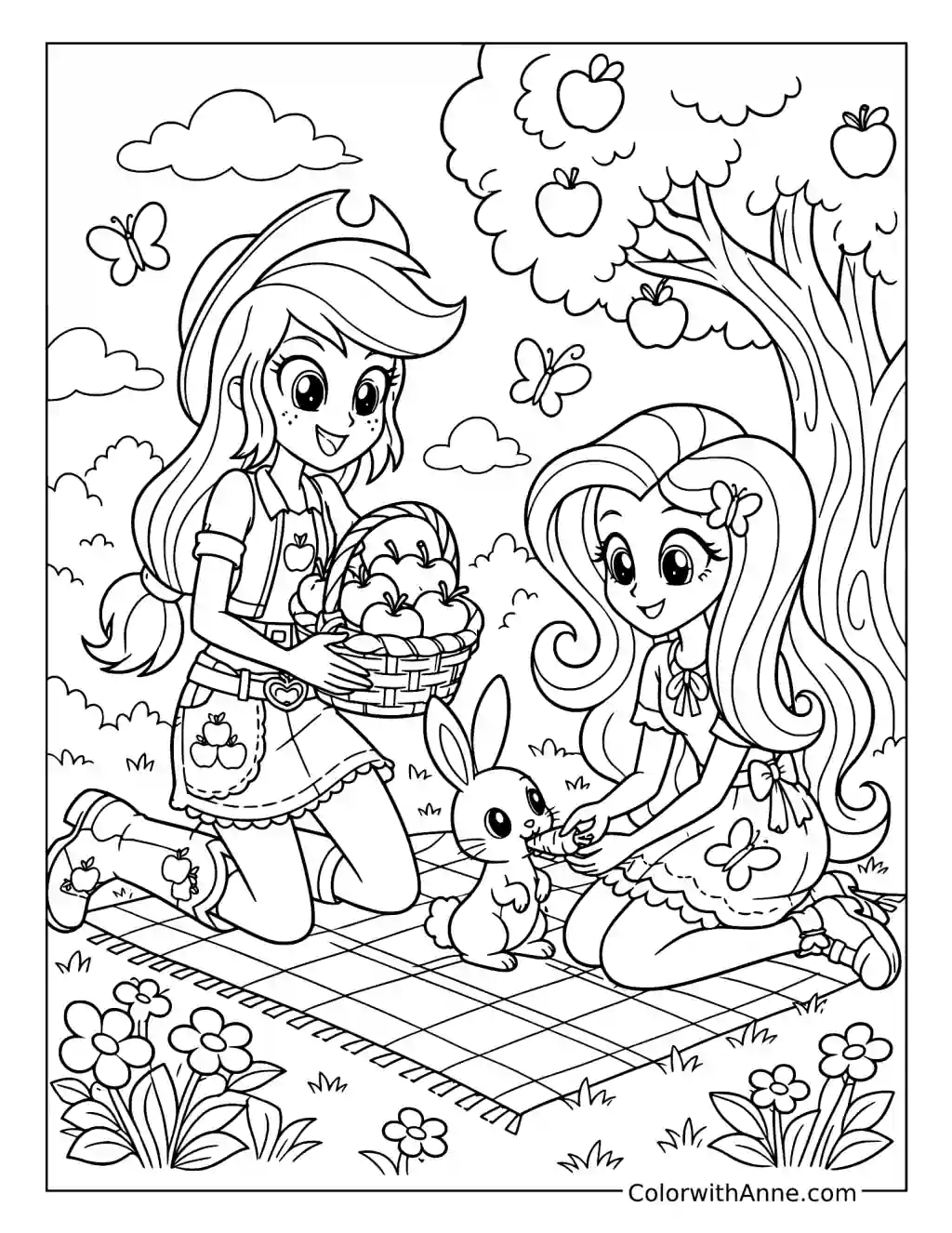 Applejack and Fluttershy Orchard Picnic coloring page