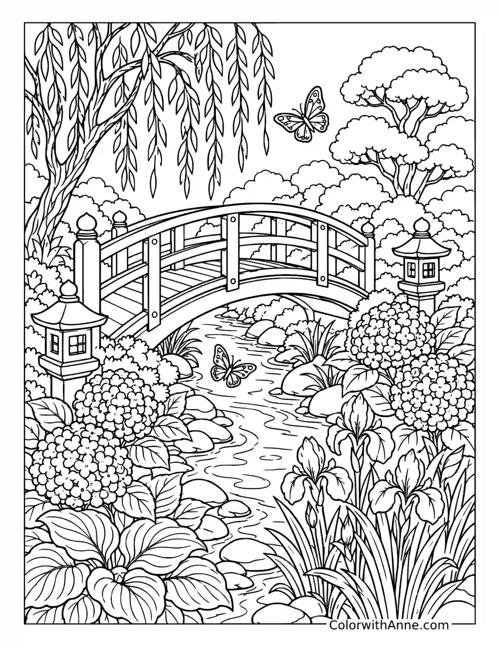 Arched Garden Bridge over a Stream coloring page