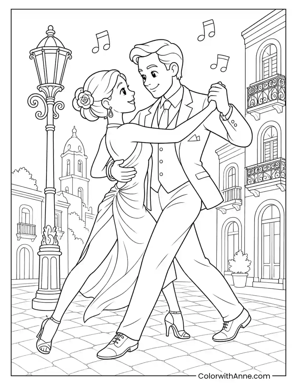Argentine Tango Under a Streetlamp coloring page
