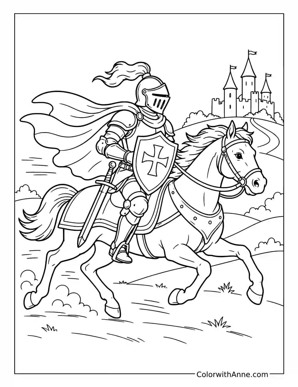 Armored Knight Galloping on a Horse coloring page