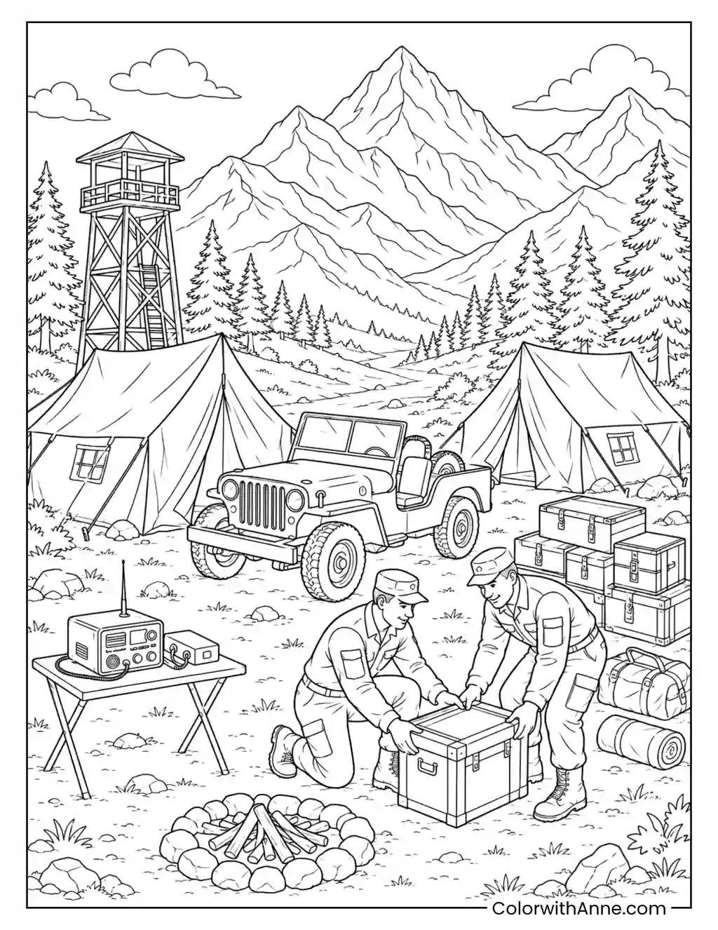 Army Camp in the Mountains coloring page