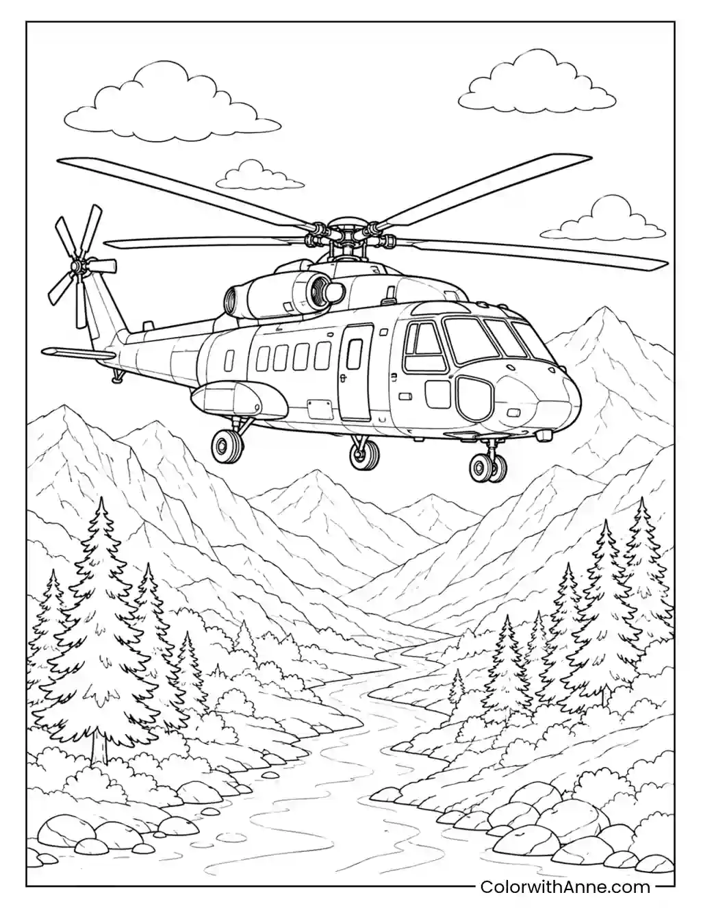 Army Helicopter Flying Over Mountains coloring page