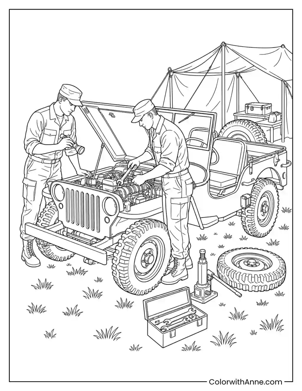 Army Mechanic Repairing a Jeep coloring page