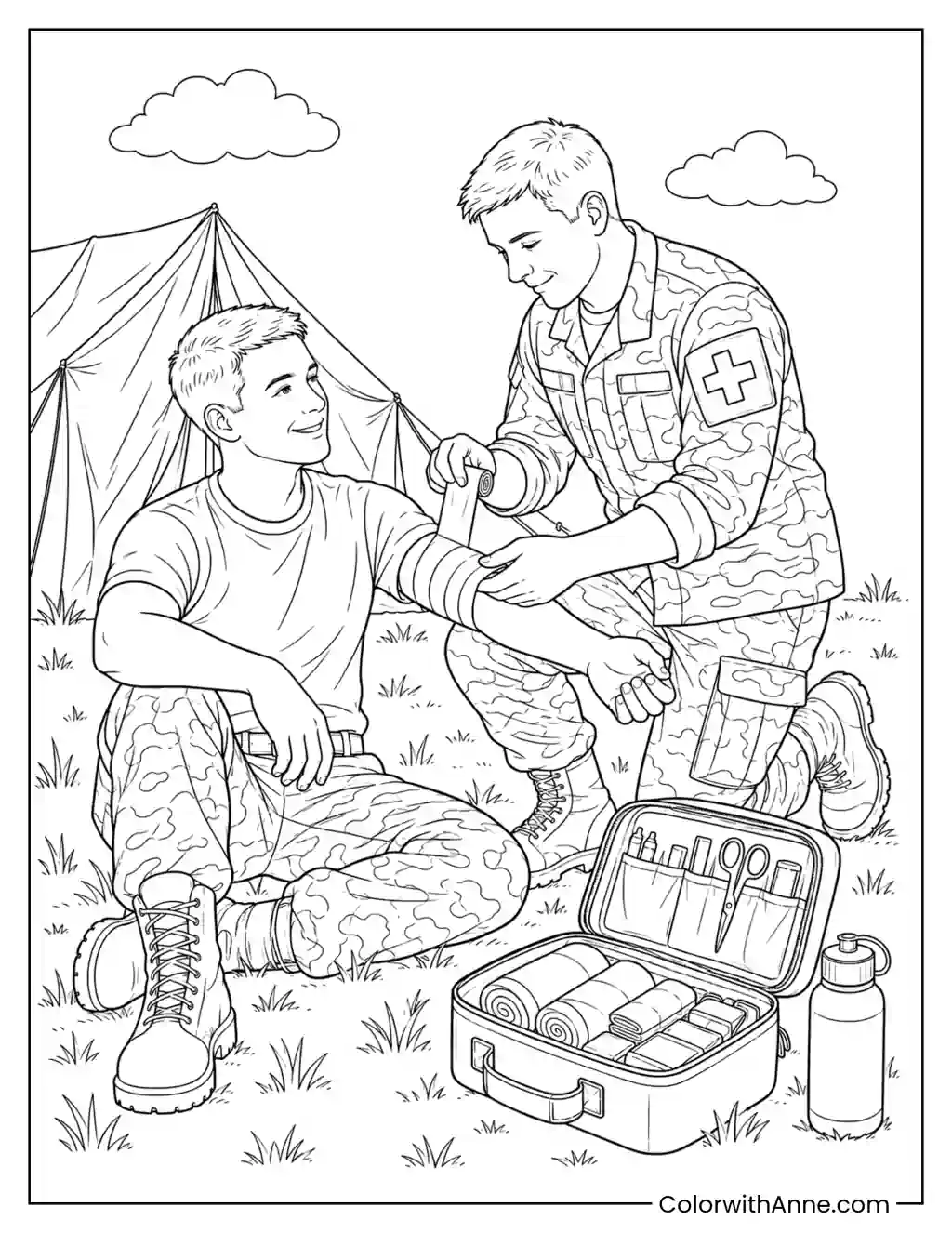 Army Medic Helping a Soldier coloring page
