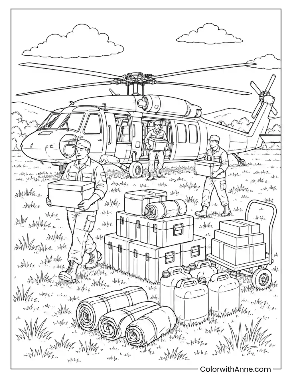 Army Personnel Unloading Helicopter Supplies coloring page