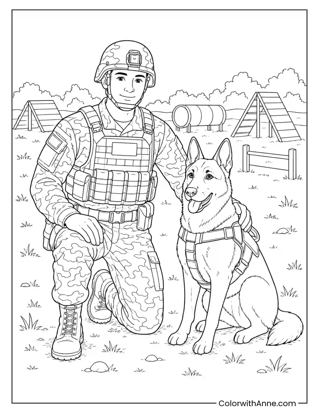 Army Soldier and Military Dog coloring page