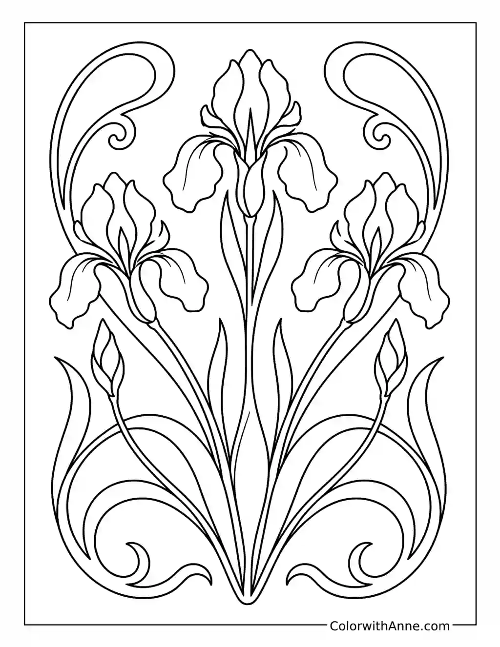 Art Nouveau Iris Flowers with Flowing Curves coloring page