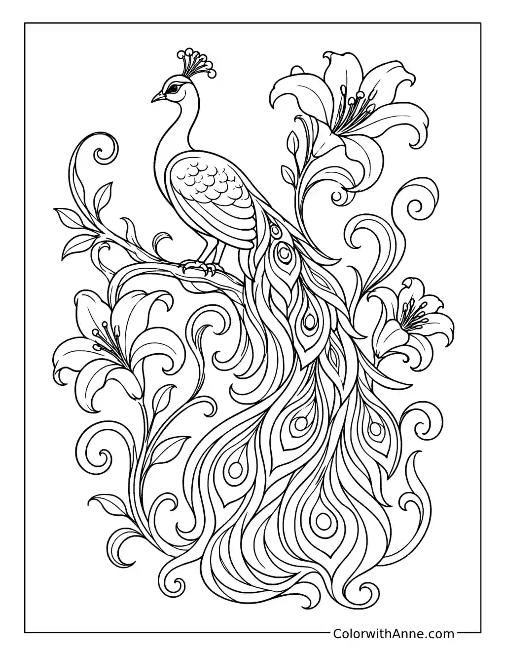 Art Nouveau Peacock with Lilies coloring page