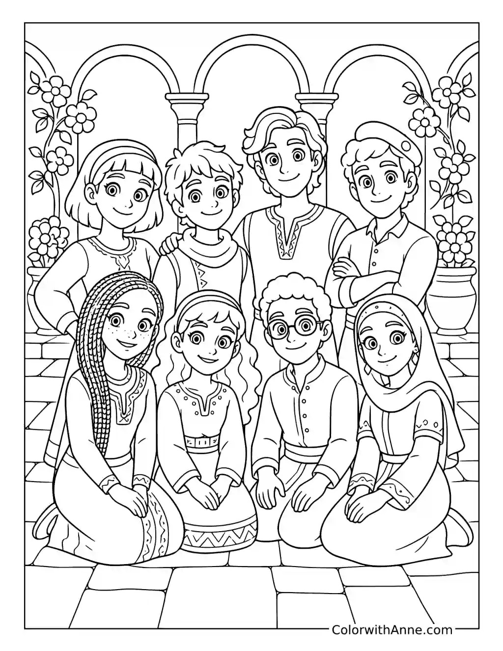 Asha and Her Friends Gather for a Portrait coloring page