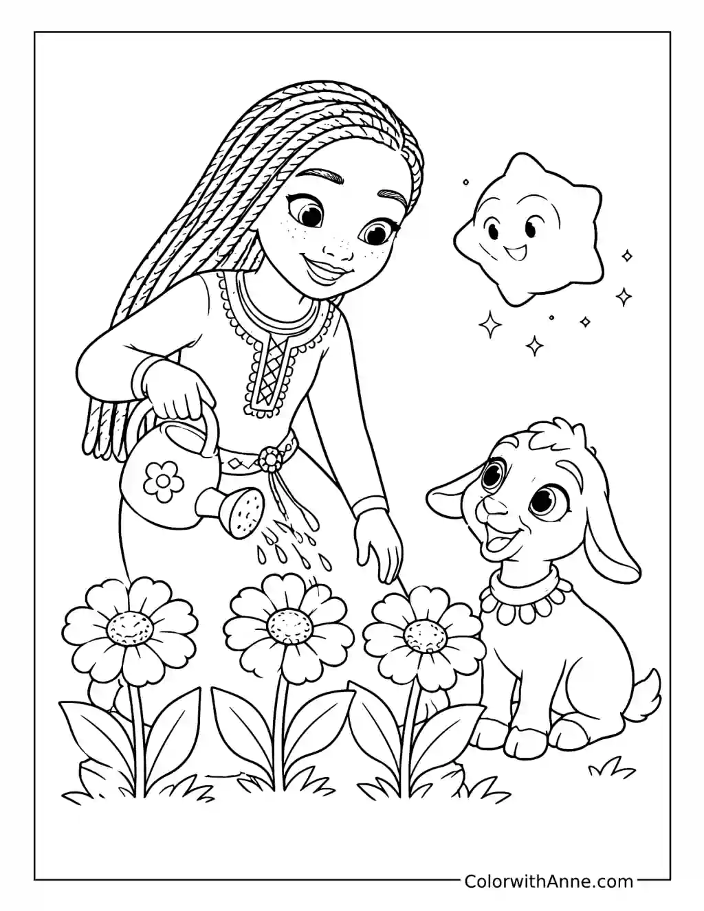 Asha and Valentino Watering Flowers with Star coloring page