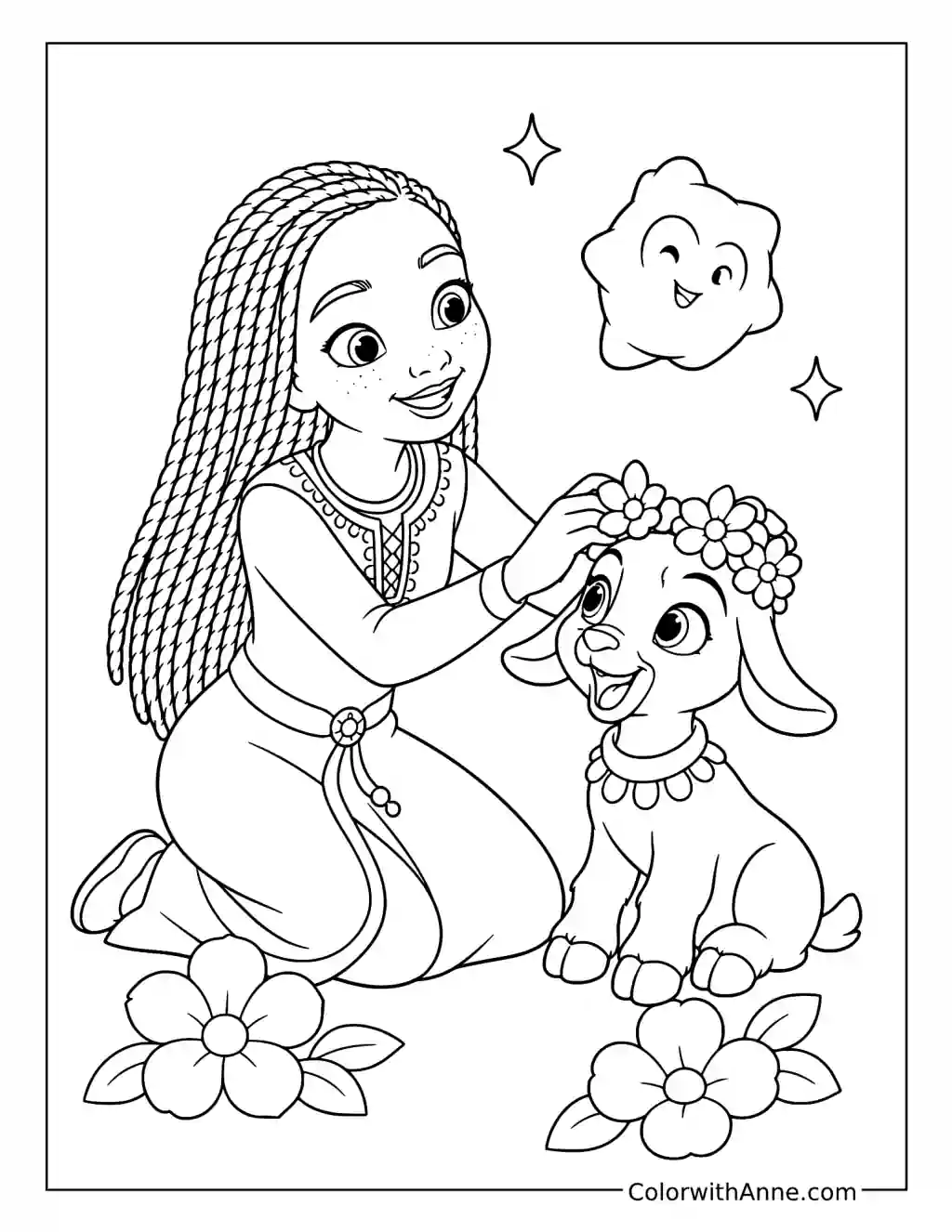 Asha Crowning Valentino with Flowers coloring page