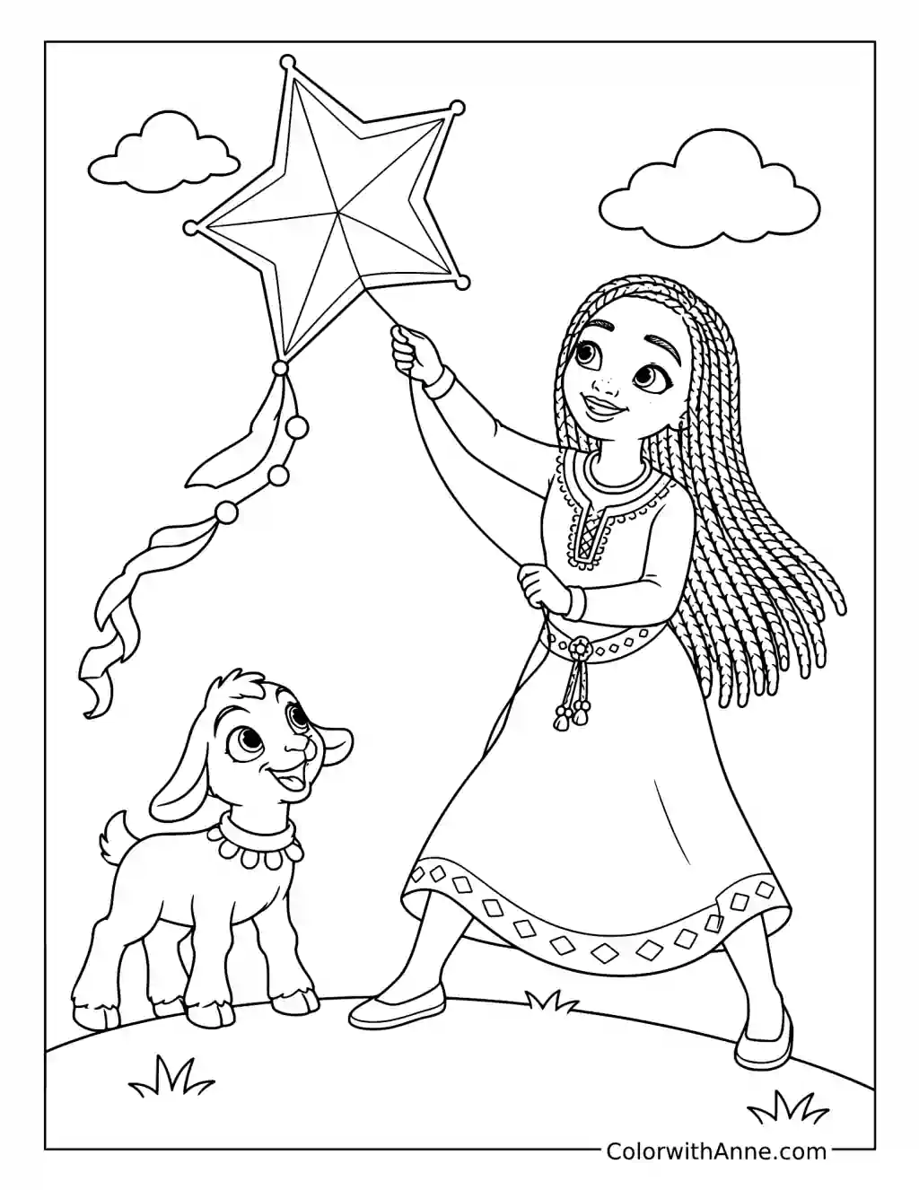 Asha Flying a Star Kite with Valentino coloring page