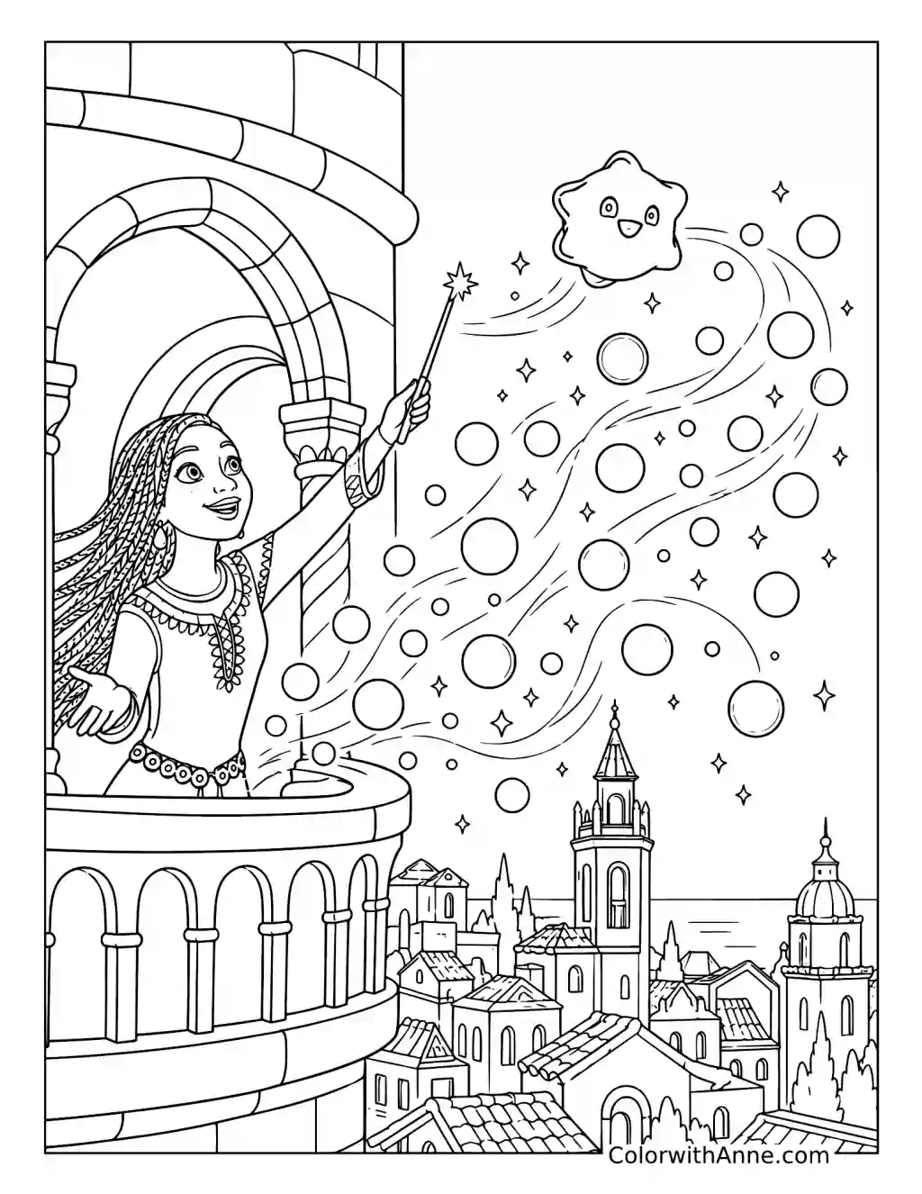 Asha Guides the Wishes from the Castle Tower coloring page