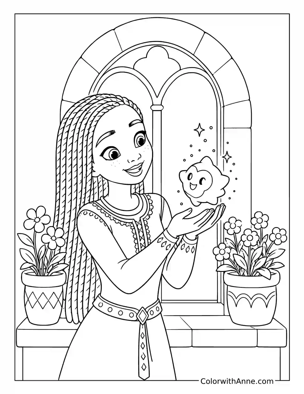 Asha Holding Star by the Castle Window coloring page
