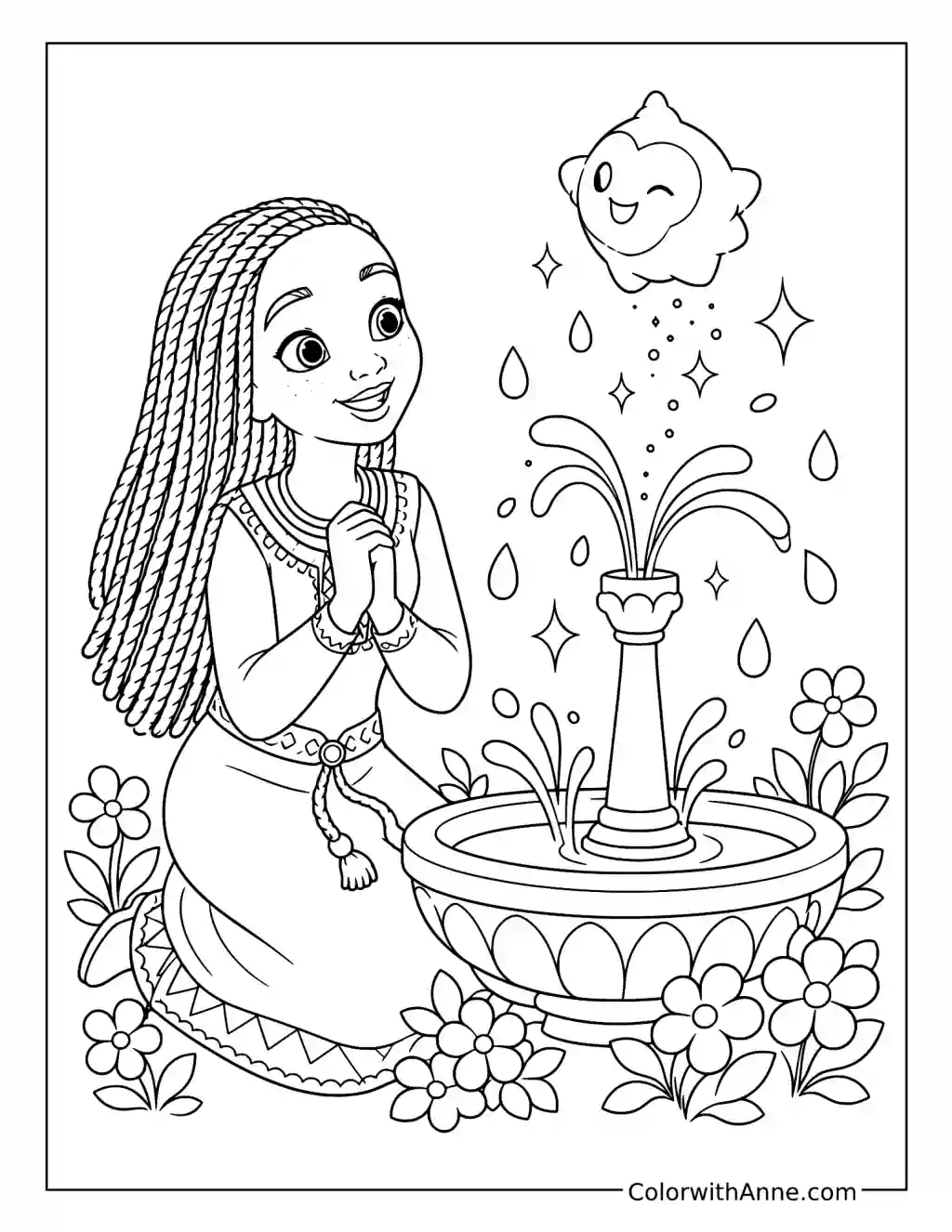 Asha Making a Wish by the Fountain coloring page