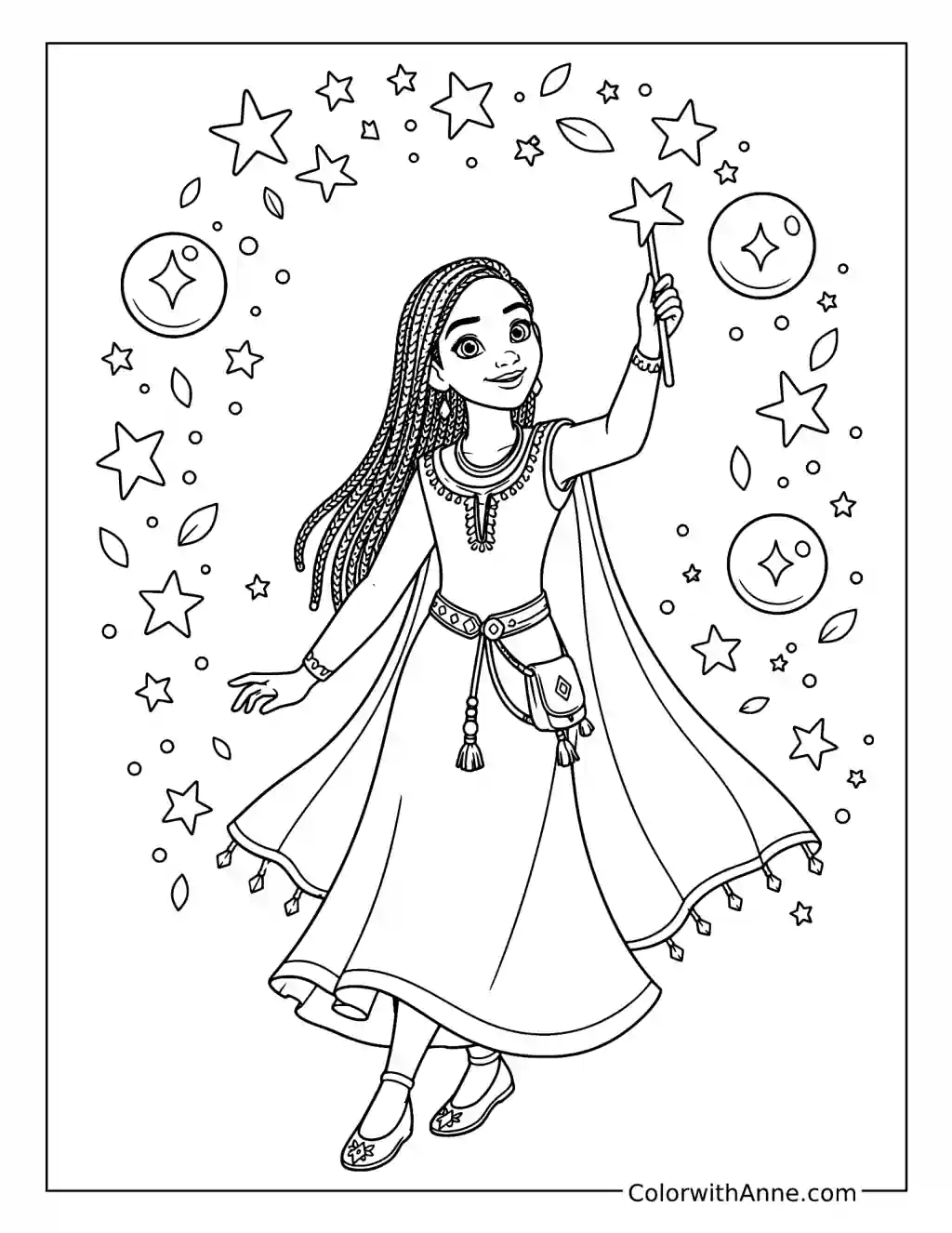 Asha Raising a Star Wand Among Wishes coloring page