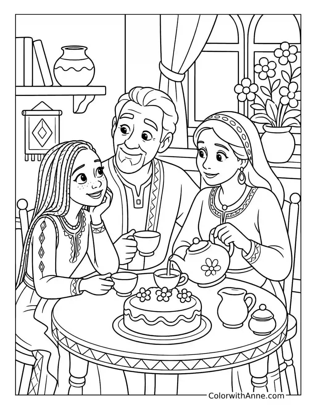 Asha's Cozy Family Tea Time coloring page