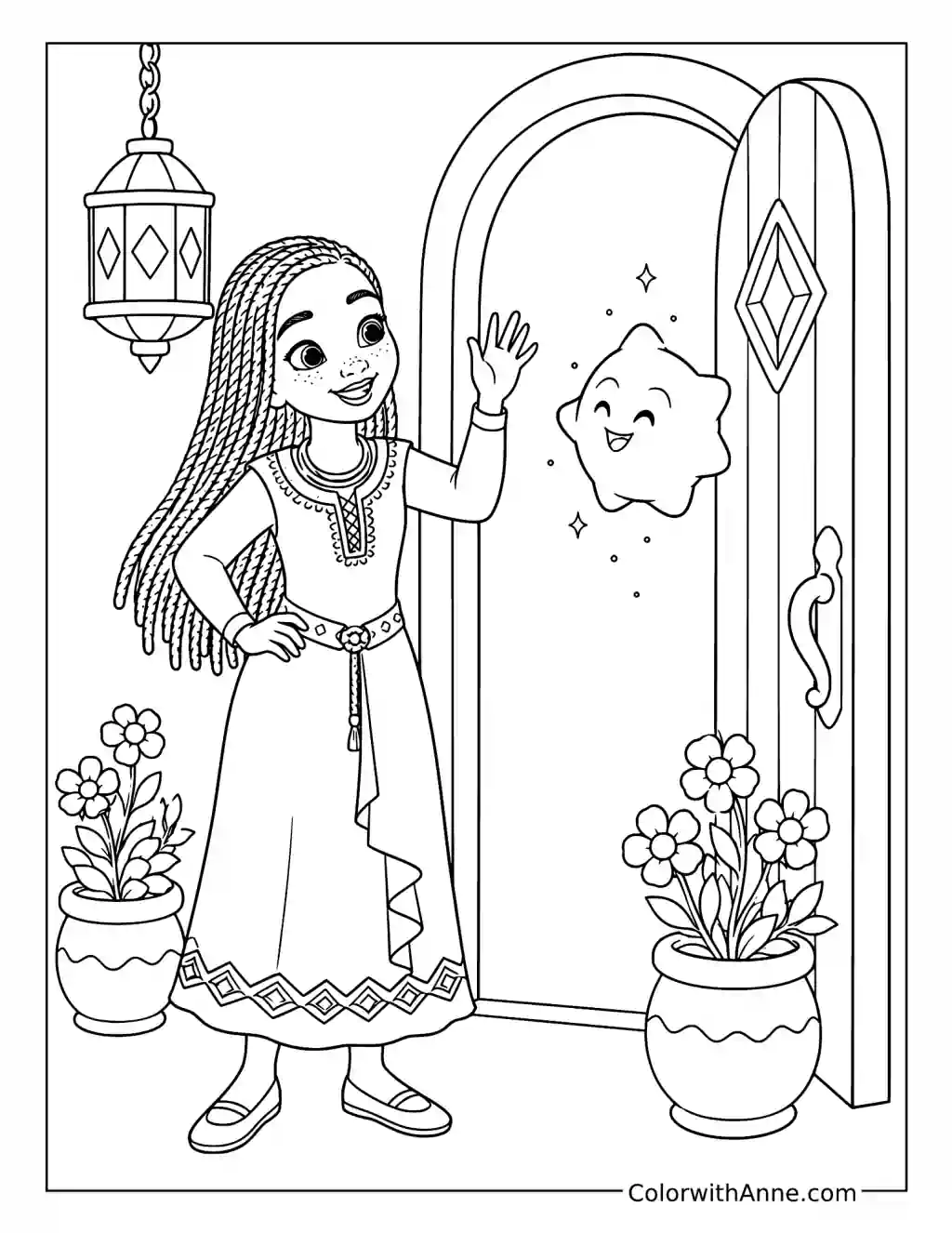 Asha Welcoming Star at the Door coloring page