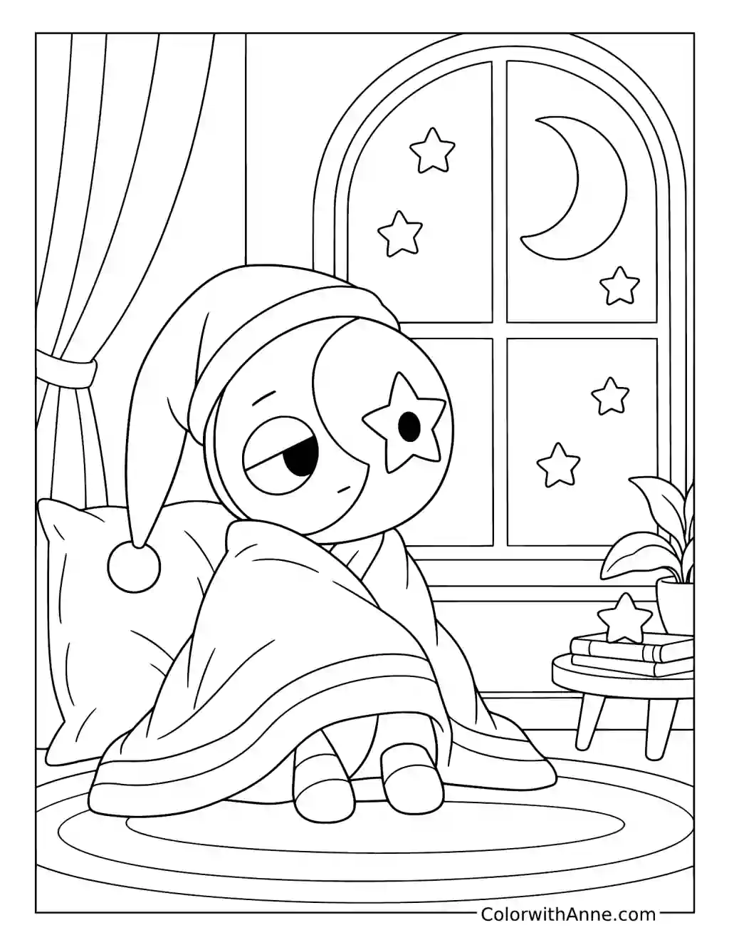 Astro rests beneath a blanket beside an arched window decorated with a moon and stars.