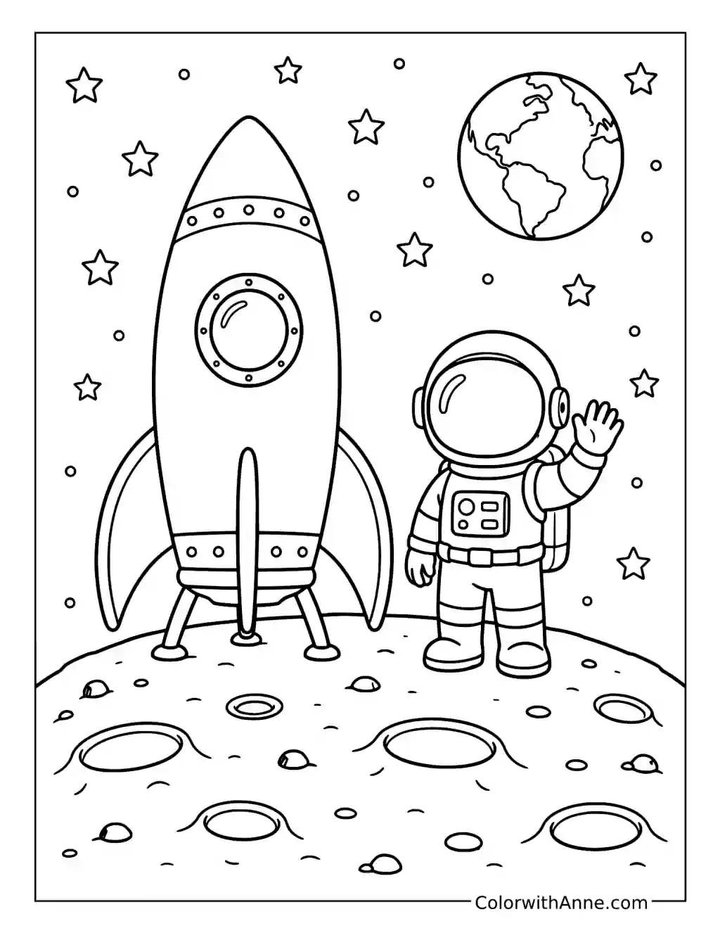 Astronaut Beside a Rocket on the Moon coloring page