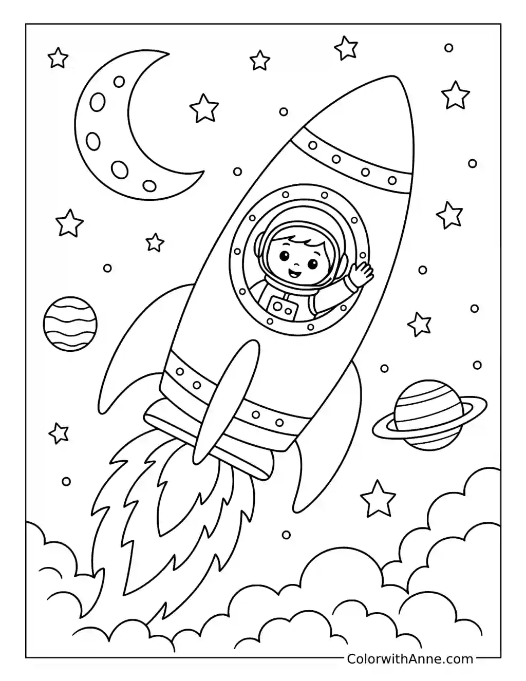 Astronaut Kid Riding a Rocket coloring page