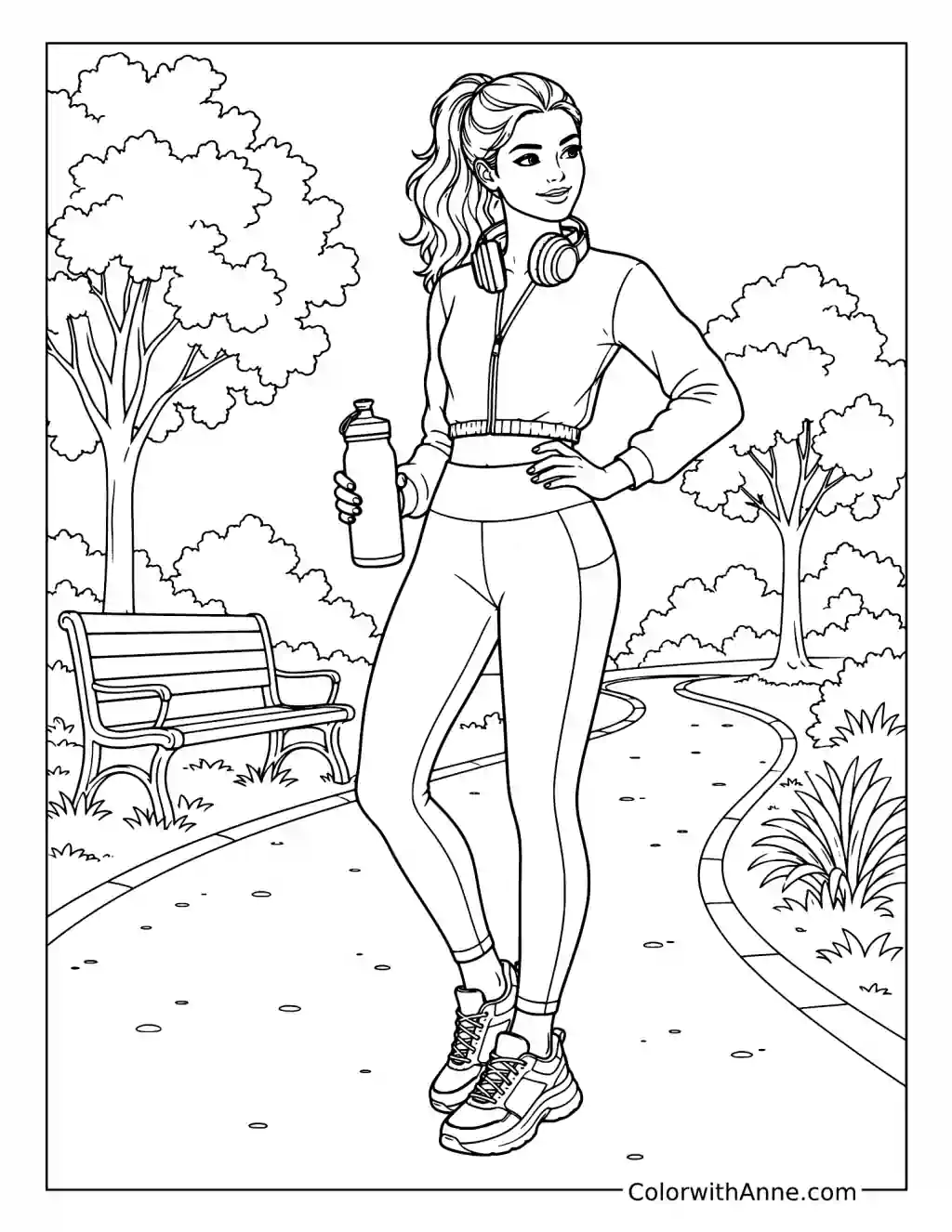 Athleisure Woman by the Park Path coloring page